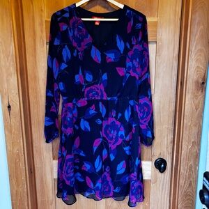 Joe Fresh Navy Floral Long Sleeve V-Neck Dress with Pink & Blue Flowers
